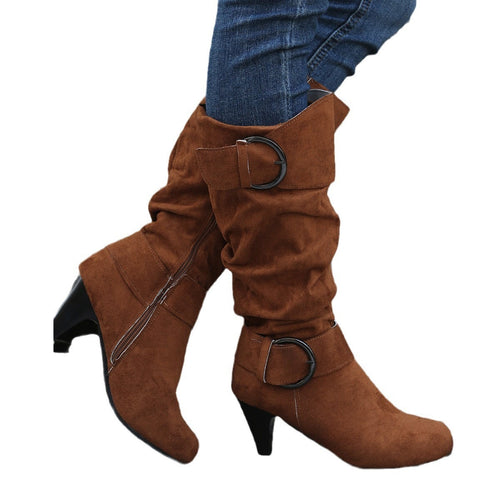 High Tube Below The Knee Round Head Buckle Women Boots