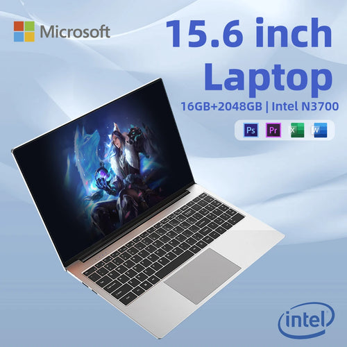 15.6 inch Portable laptop Intel N3700 16GB RAM+2048GB ROM Narrow Bezel Screen PC Windows 11 Office Entertainment Laptop