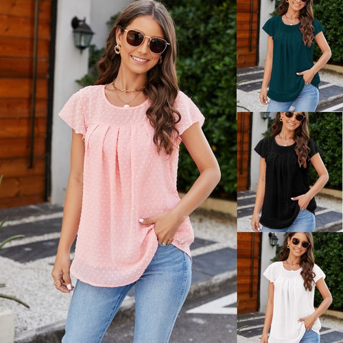 Women's Flying Sleeves Chiffon Shirt Round Neck Dovetail Top T-shirt