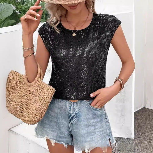 Party Round Neck Sleeveless Top Women's Sequined T-shirt