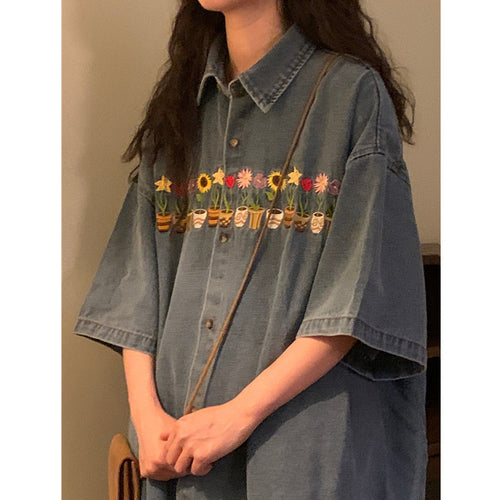 Vintage Embroidered Washed Distressed Short Sleeve Shirt Coat