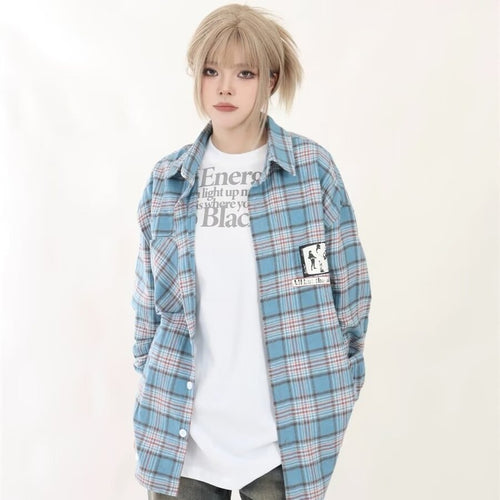 Long Sleeve Plaid Shirt Loose-fitting Versatile Blouse Design Retro Coat