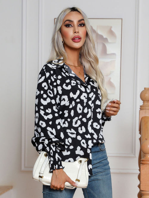 Leopard Print Lantern Sleeve Shirt Women