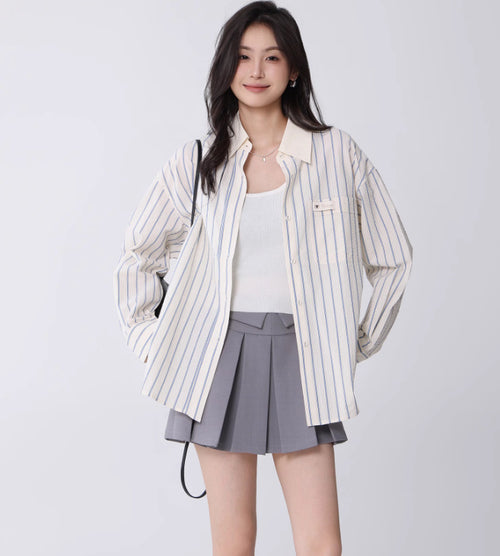 Korean College Style Texture Striped Shirt For Women