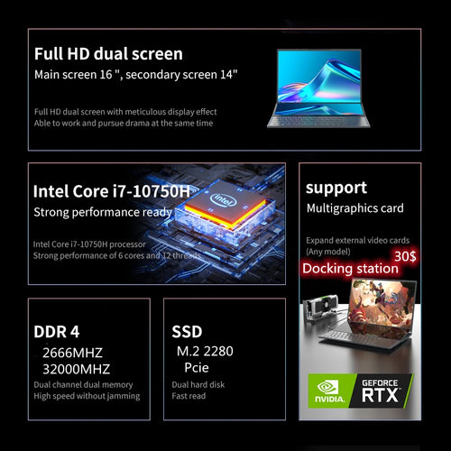 2023 Intel Core I9 10885H Dual Screen Laptop 16 Inch (14 Inch Touch Screen) Gaming Laptop Notebook Computer DDR4 Windows 10 11