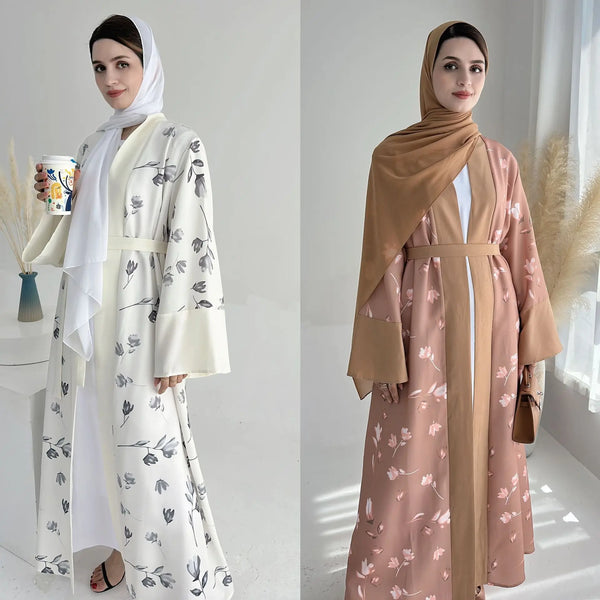 2024 Printing Open Kimono Abaya With Sashes Bangladesh Moroccan Women Caftan Jalabiya Turkish Saudi Daily Robe Included Pockets