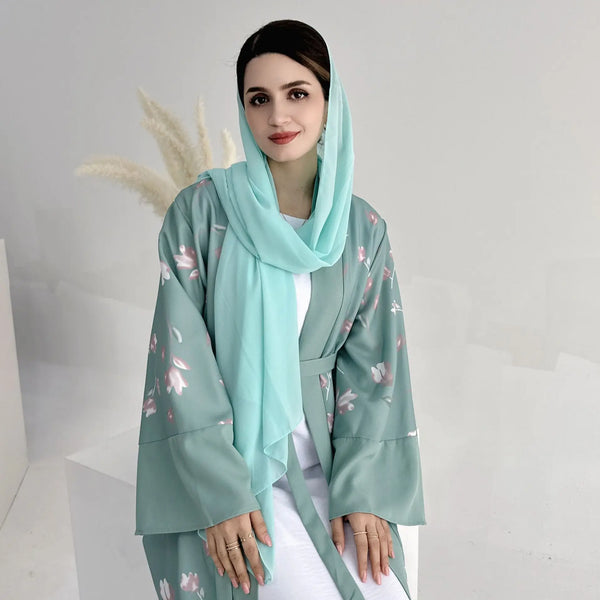 2024 Printing Open Kimono Abaya With Sashes Bangladesh Moroccan Women Caftan Jalabiya Turkish Saudi Daily Robe Included Pockets