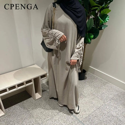 2024 Saudi Arabia Muslim Wiomen Modest Dress Eid Dubai Plain Abaya Islamic Holiday Party Solid Turkey Lace-up Cuffs Long Clothes