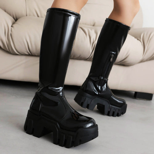 Round Toe Side Zipper Thick Bottom Black Boots