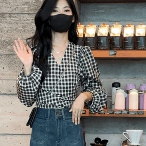 Vintage Plaid V-neck Long-sleeved Shirt