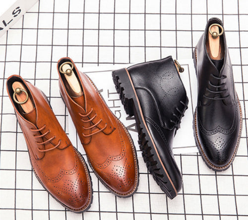 Simple Carved Casual Pointed Inner Height Increasing Leather Shoes