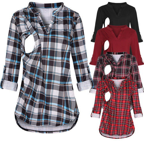 Plaid Printed Pregnant Woman Breastfeeding V-neck Long Sleeve Top