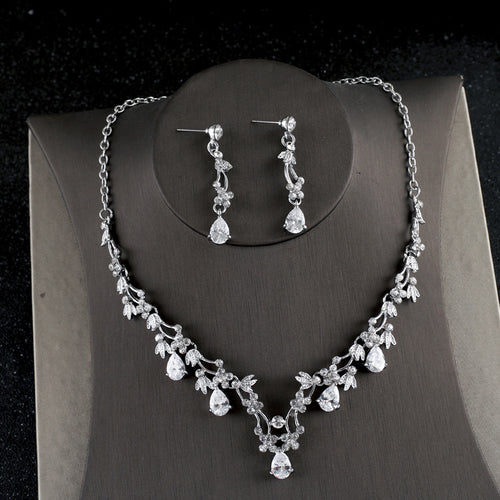 Simple Zircon Necklace Earrings Korean Bride Wedding Necklace set dinner party dress jewelry accessories