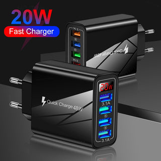 4 USB digital display mobile phone charger, European, American and British standard multi port charger with display screen