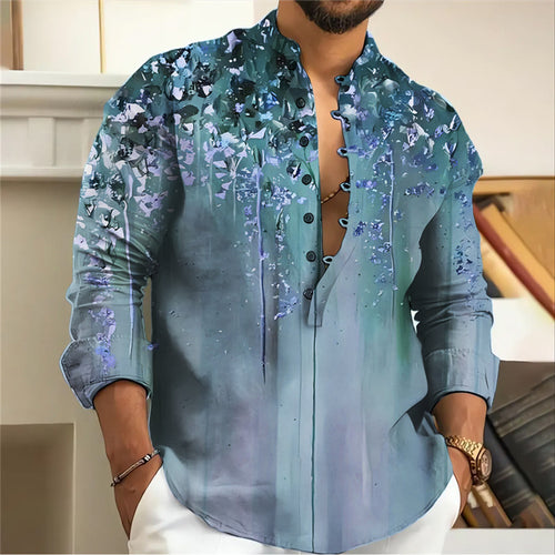 Young Casual Thin Printed Long Sleeve Stand Collar Men's Shirt