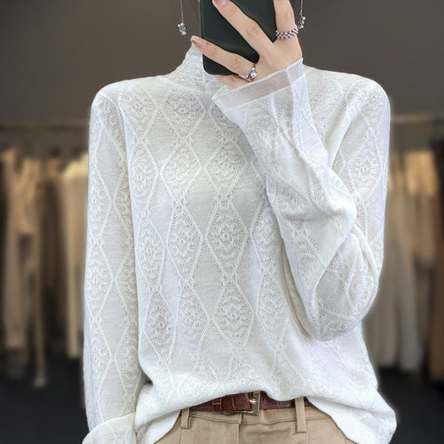 Women's Lace Cutout Half Turtleneck Worsted Wool Sweater