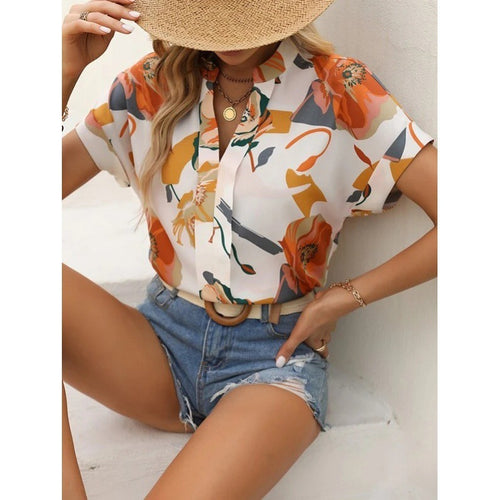 Women's Summer V-neck Flower Fashion Short Sleeve Shirt Top