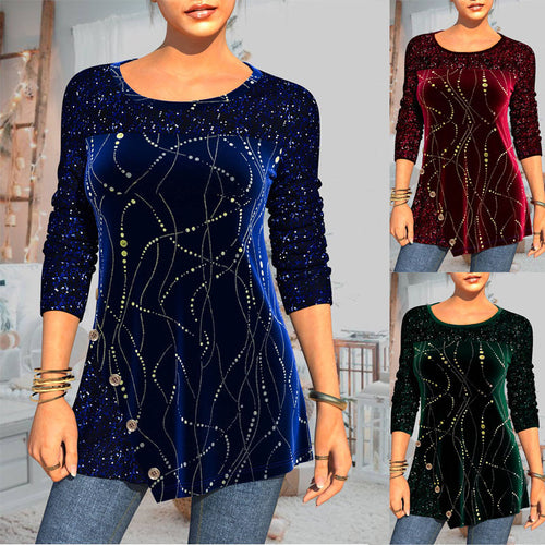 Women's Long-sleeved Sequined Printed Pullover Loose Round Neck Street T-shirt