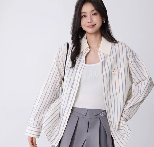 Korean College Style Texture Striped Shirt For Women