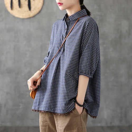 Retro Lace Loose Oversized Plaid Shirt