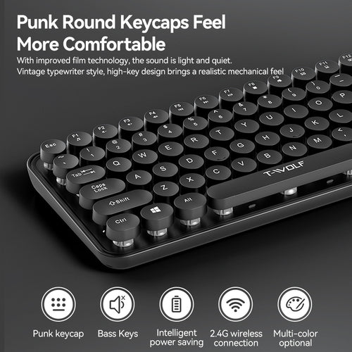 T-WOLF Thunder Wolf TF350 Wireless Keyboard and Mouse Set for Girls, Colorful Punk Retro Mouth Red Round Key Cap