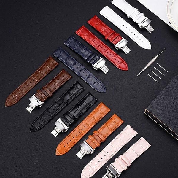 Butterfly Clasp Business Bamboo Pattern Cowhide Leather Watch Band