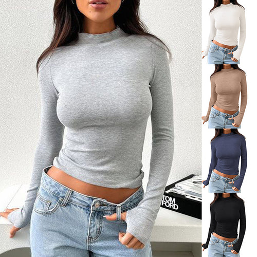 Women's Slim Fit Half-high Collar Long Sleeves Thumb Hole T-shirt