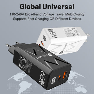 QC3.0 charger, American, European, and British standard GaN PD65W fast charging head