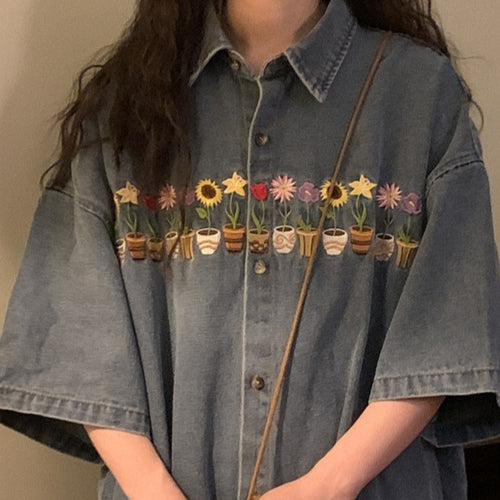 Vintage Embroidered Washed Distressed Short Sleeve Shirt Coat