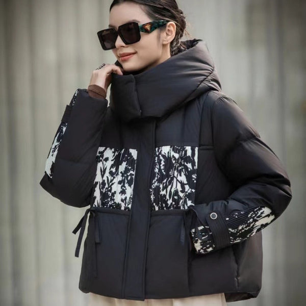 2 Korean Style Loose Lapel Hooded Short Stitching Down Jacket