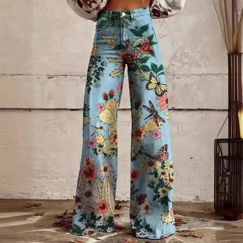 Fashion Women's Printed High Waist Loose Thin Imitation Denim Wide Leg Pants