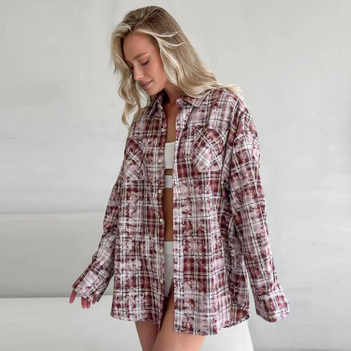 Lapel Loose Long Sleeve Casual Plaid Shirt