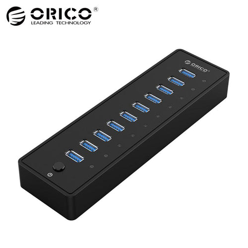 ORICO USB HUB3.0 External 10 Port USB Splitter with VL812 12V3A EU/UK Power Adapter