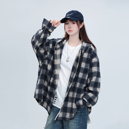 Plaid Hooded Shirt Coat Loose Mid-length Casual Top