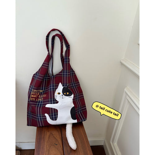 Scottish Plaid Flocking Cat Printing Handbag Vintage