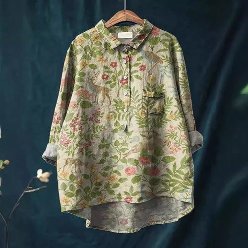 Lapel Long Sleeve Shirt Vintage Floral Flower T-shirt Shirt