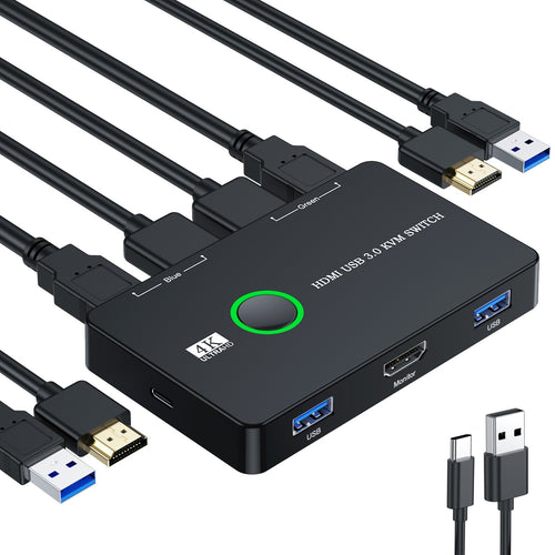 USB 3.0/HDMI/KVM Switch for 2 Computers to Share Keyboard Mouse Printer Monitor