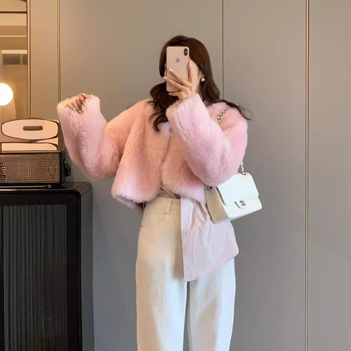 Women's V-neck Korean-style Fur Coat