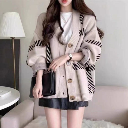 Women's Black Striped Knitted Cardigan