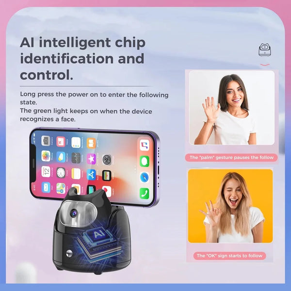 360° Rotation Automatic Face Tracking Gimbal Mobile Phone Holder APP-Free AI Face Recognition Phone Tripod for Live Vlog Video