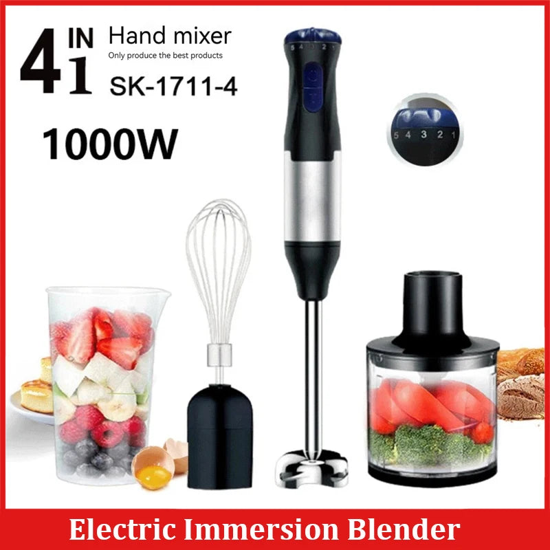 1000W Kitchen Immersion Blender 4 in 1 Stainless Steel Handheld Blender Vegetable Meat Chopper Egg Whisk Smoothie Stick Mixer