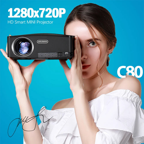 AUN MINI Projector C80 UP, 1280x720 Resolution, Android WIFI Proyector, LED Portable HD Beamer for Home Cinema, Optional C80