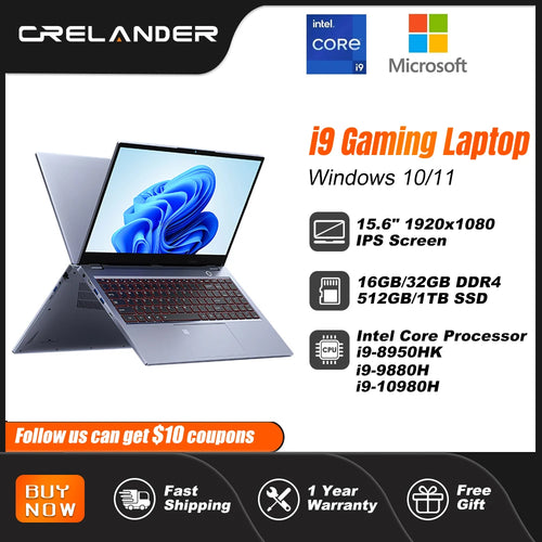 CRELANDER i9 Laptop 15.6 Inch Core i9 8th/9th/10th Gen Processor 32GB RAM Windows 11 Gaming Laptop Notebook Computer Portable PC