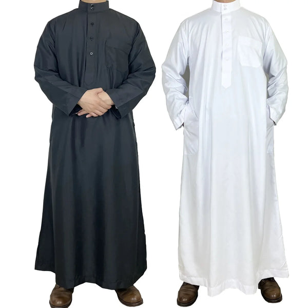 Cross-Border Polyester Men's Kaftan With Stand Collar Pocket Design Arabic Middle East Men's Wear Stock Wholesale