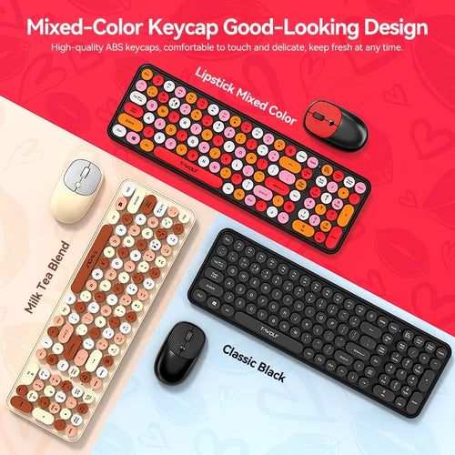 T-WOLF Thunder Wolf TF350 Wireless Keyboard and Mouse Set for Girls, Colorful Punk Retro Mouth Red Round Key Cap