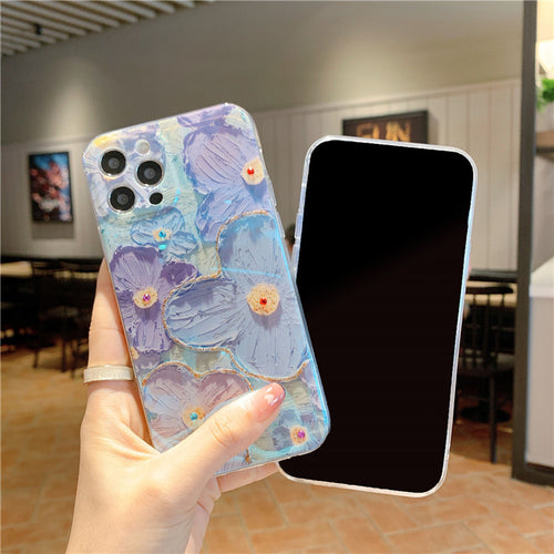 Oil Painting Purple Blue Daisy Flowers Suitable For Apple 8plus/13 Mobile Phone Cover Flash Drill iPhone 12ProMax Soft 11