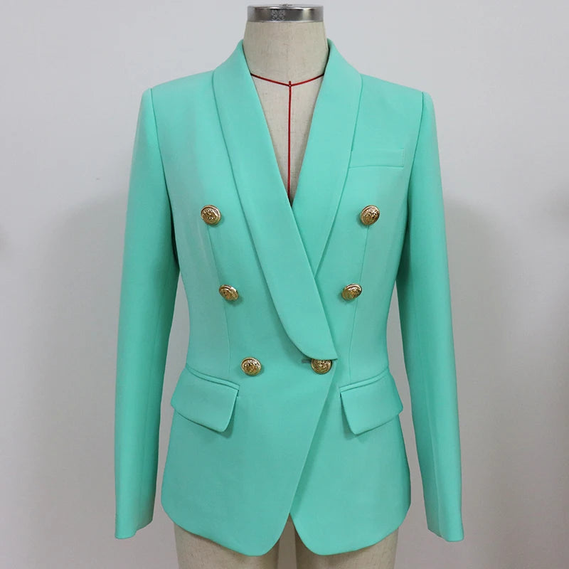 HIGH QUALITY 2024 Newest Fashion Designer Blazer Women's Double Breasted Lion Buttons Shawl Collar Blazer Jacket Mint Green