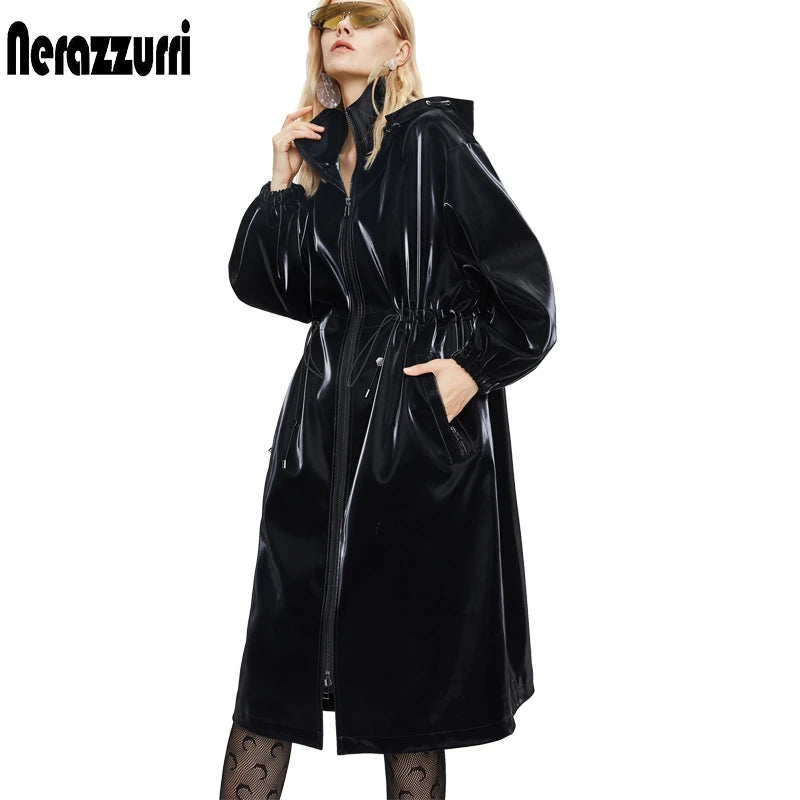 Nerazzurri Long black warm oversized shiny patent leather trench coat for women long sleeve Zip up fall fashion 2023 Windbreaker