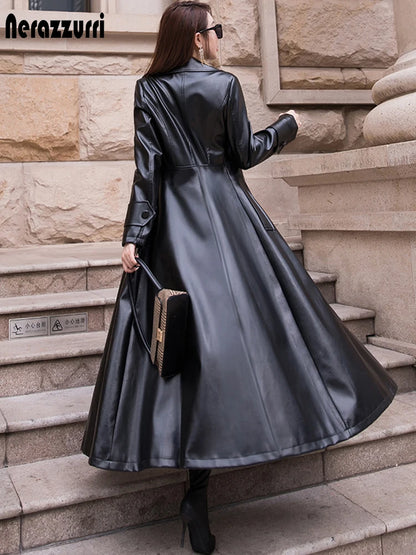 Nerazzurri Maxi fit and flare leather trench coat for women 2021 spring Long luxury designer clothing women long sleeve lapel