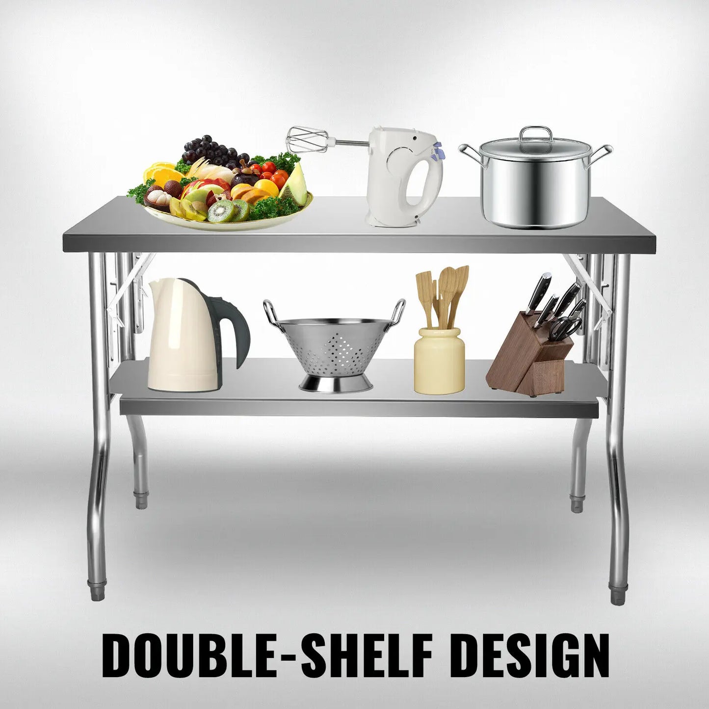 VEVOR Single/Double-Shelf Professional Stainless Steel Open Kitchen Folding Work Prep Tables Easy Storage for Home Commercial